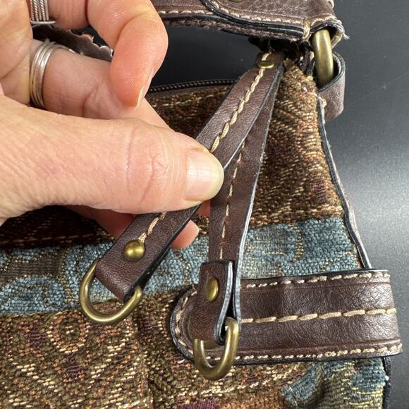 Vintage Fossil Tapestry Brown Purple & Blue Crossbody Purse Bag Leather Trim - Picture 5 of 14